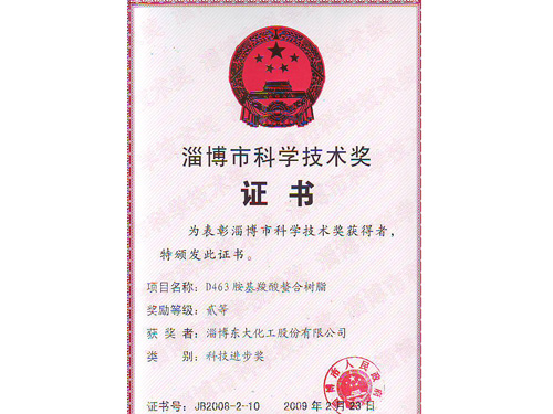 D463氨基羧酸螯合樹(shù)脂科學(xué)技術(shù)進(jìn)步獎(jiǎng)證書(shū)